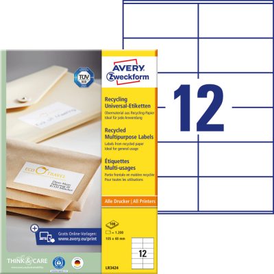 Avery Zweckform No. LR3424 natúr fehér színű 105 x 48 mm méretű, univerzálisan nyomtatható, környezetbarát öntapadós etikett címke, permanens ragasztóval A4-es íven - kiszerelés: 1200 címke / 100 ív