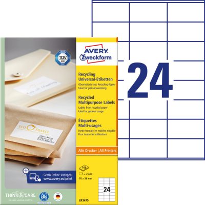 Avery Zweckform No. LR3475 natúr fehér színű 70 x 36 mm méretű, univerzálisan nyomtatható, környezetbarát öntapadós etikett címke, permanens ragasztóval A4-es íven - kiszerelés: 2400 címke / 100 ív
