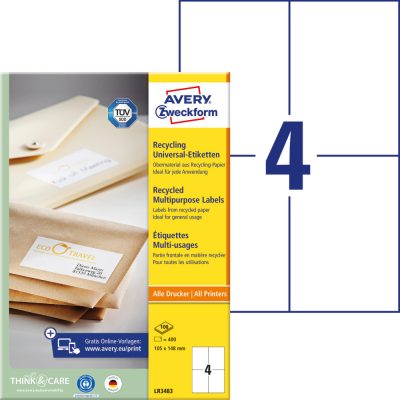 Avery Zweckform No. LR3483 natúr fehér színű 105 x 148 mm méretű, univerzálisan nyomtatható, környezetbarát öntapadós etikett címke, permanens ragasztóval A4-es íven - kiszerelés: 400 címke / 100 ív