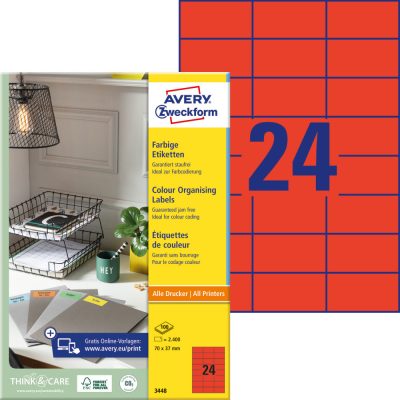 Avery Zweckform No. 3448 piros színű 70 x 37 mm méretű, univerzálisan nyomtatható, öntapadós etikett címke, permanens ragasztóval A4-es íven - kiszerelés: 2400 címke / 100 ív