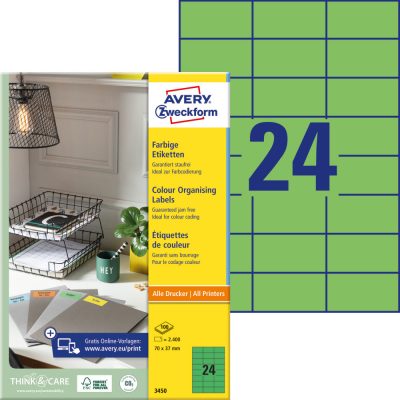 Avery Zweckform No. 3450 zöld színű 70 x 37 mm méretű, univerzálisan nyomtatható, öntapadós etikett címke, permanens ragasztóval A4-es íven - kiszerelés: 2400 címke / 100 ív
