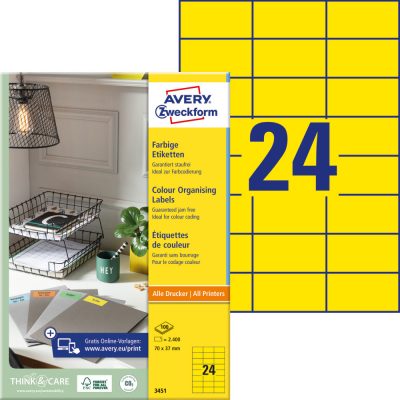 Avery Zweckform No. 3451 sárga színű 70 x 37 mm méretű, univerzálisan nyomtatható, öntapadós etikett címke, permanens ragasztóval A4-es íven - kiszerelés: 2400 címke / 100 ív