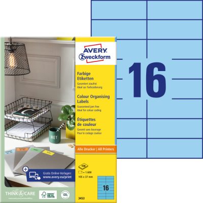 Avery Zweckform No. 3453 kék színű 105 x 37 mm méretű, univerzálisan nyomtatható, öntapadós etikett címke, permanens ragasztóval A4-es íven - kiszerelés: 1600 címke / 100 ív