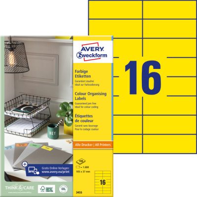 Avery Zweckform No. 3455 sárga színű 105 x 37 mm méretű, univerzálisan nyomtatható, öntapadós etikett címke, permanens ragasztóval A4-es íven - kiszerelés: 1600 címke / 100 ív