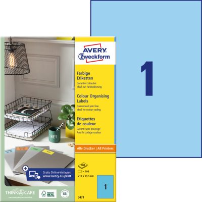 Avery Zweckform No. 3471 kék színű 210 x 297 mm méretű, univerzálisan nyomtatható, öntapadós etikett címke, permanens ragasztóval A4-es íven - kiszerelés: 100 címke / 100 ív