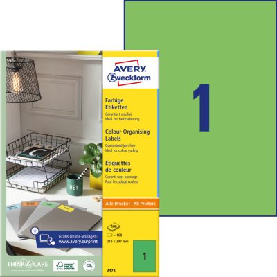 Avery Zweckform No. 3472 zöld színű 210 x 297 mm méretű, univerzálisan nyomtatható, öntapadós etikett címke, permanens ragasztóval A4-es íven - kiszerelés: 100 címke / 100 ív