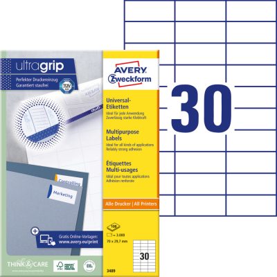 Avery Zweckform No. 3489 fehér színű 70 x 29,7 mm méretű, univerzálisan nyomtatható, öntapadós etikett címke, permanens ragasztóval A4-es íven - kiszerelés: 3000 címke / 100 ív