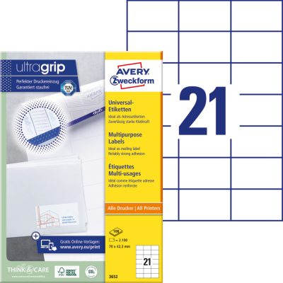 Avery Zweckform No. 3652 fehér színű 70 x 42,3 mm méretű, univerzálisan nyomtatható, öntapadós etikett címke, permanens ragasztóval A4-es íven - kiszerelés: 2100 címke / 100 ív