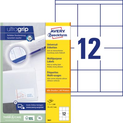 Avery Zweckform No. 3661 fehér színű 70 x 67,7 mm méretű, univerzálisan nyomtatható, öntapadós etikett címke, permanens ragasztóval A4-es íven - kiszerelés: 1200 címke / 100 ív