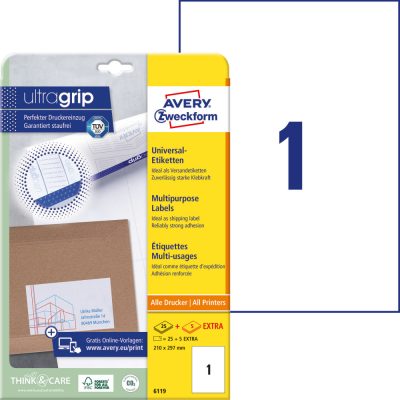 Avery Zweckform No. 6119 fehér színű 210 x 297 mm méretű, univerzálisan nyomtatható, öntapadós etikett címke, permanens ragasztóval A4-es íven - kiszerelés: 30 címke / 30 ív