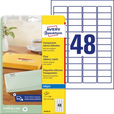 Avery Zweckform No. J4720-25 átlátszó 45,7 x 21,2 mm méretű, tintasugaras nyomtatóval nyomtatható, öntapadós etikett címke, permanens ragasztóval A4-es íven - kiszerelés: 1200 címke / 25 ív