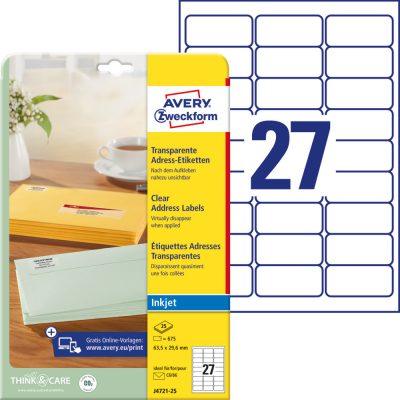 Avery Zweckform No. J4721-25 átlátszó 63,5 x 29,6 mm méretű, tintasugaras nyomtatóval nyomtatható, öntapadós etikett címke, permanens ragasztóval A4-es íven - kiszerelés: 675 címke / 25 ív