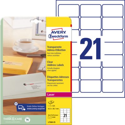 Avery Zweckform No. L7560-25 átlátszó 63,5 x 38,1 mm méretű, lézernyomtatóval nyomtatható, öntapadós etikett címke, permanens ragasztóval A4-es íven - kiszerelés: 525 címke / 25 ív