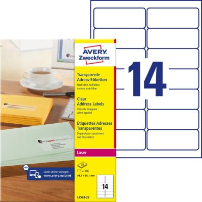 Avery Zweckform No. L7563-25 átlátszó 99,1 x 38,1 mm méretű, lézernyomtatóval nyomtatható, öntapadós etikett címke, permanens ragasztóval A4-es íven - kiszerelés: 350 címke / 25 ív