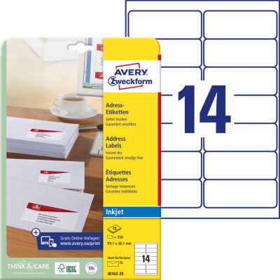 Avery Zweckform No. J8163-25 fehér színű 99,1 x 38,1 mm méretű, tintasugaras nyomtatóval nyomtatható, öntapadós etikett címke, permanens ragasztóval A4-es íven - kiszerelés: 350 címke / 25 ív