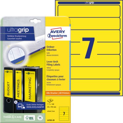 Avery Zweckform No. L4765-20 sárga színű 192 x 38 mm méretű, univerzálisan nyomtatható, öntapadós iratrendező címke, permanens ragasztóval A4-es íven - kiszerelés: 140 címke / 20 ív