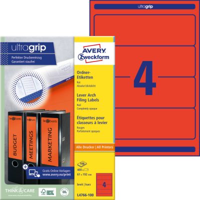 Avery Zweckform No. L4766-100 piros színű 192 x 61 mm méretű, univerzálisan nyomtatható, öntapadós iratrendező címke, permanens ragasztóval A4-es íven - kiszerelés: 400 címke / 100 ív