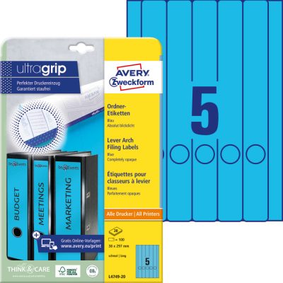 Avery Zweckform No. L4749-20 kék színű 38 x 297 mm méretű, univerzálisan nyomtatható, öntapadós iratrendező címke, permanens ragasztóval A4-es íven - kiszerelés: 100 címke / 20 ív