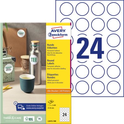 Avery Zweckform No. L3415-100 fehér színű 40 mm átmérőjű, kör alakú, univerzálisan nyomtatható, öntapadós etikett címke, permanens ragasztóval A4-es íven - kiszerelés: 2400 címke / 100 ív