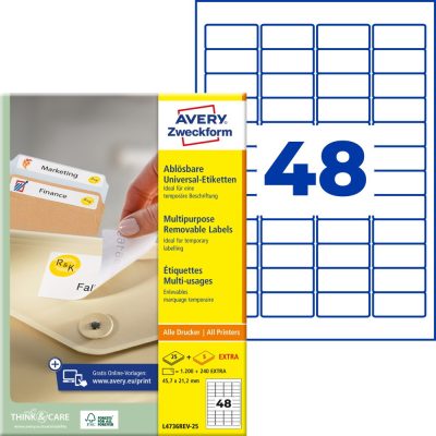 Avery Zweckform No. L4736REV-25 fehér színű 45,7 x 21,2 mm méretű, univerzálisan nyomtatható, öntapadós etikett címke, visszaszedhető ragasztóval A4-es íven - kiszerelés: 1440 címke / 30 ív