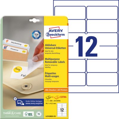 Avery Zweckform No. L4743REV-25 fehér színű 99,1 x 42,3 mm méretű, univerzálisan nyomtatható, öntapadós etikett címke, visszaszedhető ragasztóval A4-es íven - kiszerelés: 360 címke / 30 ív