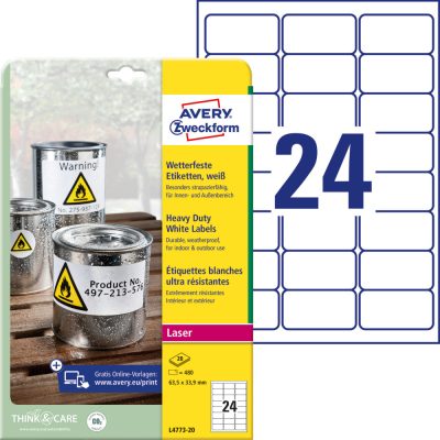Avery Zweckform No. L4773-20 fehér színű 63,5 x 33,9 mm méretű, lézernyomtatóval nyomtatható, öntapadós időjárásálló etikett címke, erős, tartós ragasztóval A4-es íven - kiszerelés: 480 címke / 20 ív