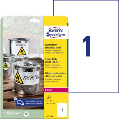Avery Zweckform No. L4775-20 fehér színű 210 x 297 mm méretű, lézernyomtatóval nyomtatható, öntapadós időjárásálló etikett címke, erős, tartós ragasztóval A4-es íven - kiszerelés: 20 címke / 20 ív