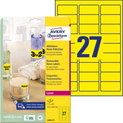 Avery Zweckform No. L6004-25 lézeres 63,5 x 29,6 mm méretű visszaszedhető, neon sárga öntapadó etikett címke A4-es íven - 675 címke / csomag - 25 ív / csomag (Avery L6004-25)