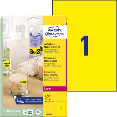 Avery Zweckform No. L6006-25 lézeres 210 x 297 mm méretű visszaszedhető, neon sárga öntapadó etikett címke A4-es íven - 25 címke / csomag - 25 ív / csomag (Avery L6006-25)