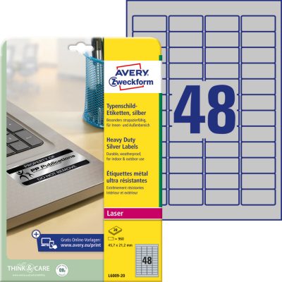 Avery Zweckform No. L6009-20 ezüst színű 45,7 x 21,2 mm méretű, lézernyomtatóval nyomtatható, öntapadós ipari etikett címke, erős, tartós ragasztóval A4-es íven - kiszerelés: 960 címke / 20 ív