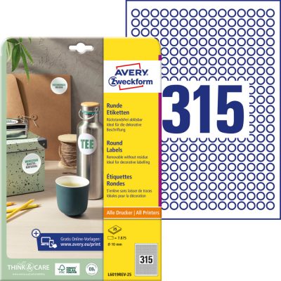 Avery Zweckform No. L6019REV-25 fehér színű 10 mm átmérőjű, kör alakú, univerzálisan nyomtatható, öntapadós etikett címke, visszaszedhető ragasztóval A4-es íven - kiszerelés: 7875 címke / 25 ív