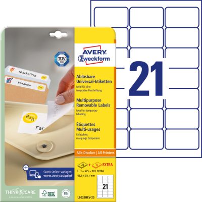 Avery Zweckform No. L6023REV-25 fehér színű 63,5 x 38,1 mm méretű, univerzálisan nyomtatható, öntapadós etikett címke, visszaszedhető ragasztóval A4-es íven - kiszerelés: 630 címke / 30 ív