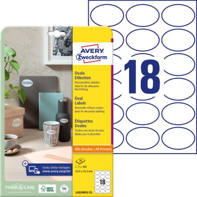 Avery Zweckform No. L6024REV-25 fehér színű 63,5 x 42,3 mm méretű, ovális alakú, univerzálisan nyomtatható, öntapadós etikett címke, visszaszedhető ragasztóval A4-es íven - kiszerelés: 450 címke / 25 ív