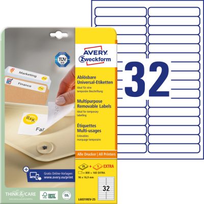 Avery Zweckform No. L6031REV-25 fehér színű 96 x 16,9 mm méretű, univerzálisan nyomtatható, öntapadós etikett címke, visszaszedhető ragasztóval A4-es íven - kiszerelés: 960 címke / 30 ív