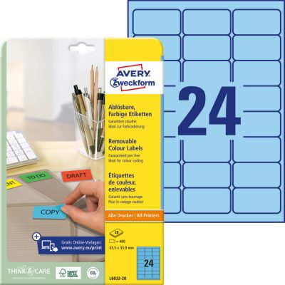 Avery Zweckform No. L6032-20 kék színű 63,5 x 33,9 mm méretű, univerzálisan nyomtatható, öntapadós etikett címke, visszaszedhető ragasztóval A4-es íven - kiszerelés: 480 címke / 20 ív