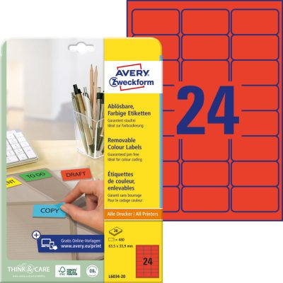 Avery Zweckform No. L6034-20 piros színű 63,5 x 33,9 mm méretű, univerzálisan nyomtatható, öntapadós etikett címke, visszaszedhető ragasztóval A4-es íven - kiszerelés: 480 címke / 20 ív