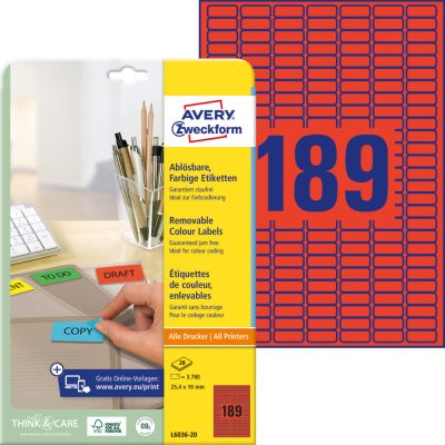 Avery Zweckform No. L6036-20 piros színű 25,4 x 10 mm méretű, univerzálisan nyomtatható, öntapadós etikett címke, visszaszedhető ragasztóval A4-es íven - kiszerelés: 3780 címke / 20 ív