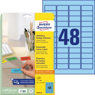 Avery Zweckform No. L6039-20 kék színű 45,7 x 21,2 mm méretű, univerzálisan nyomtatható, öntapadós etikett címke, visszaszedhető ragasztóval A4-es íven - kiszerelés: 960 címke / 20 ív