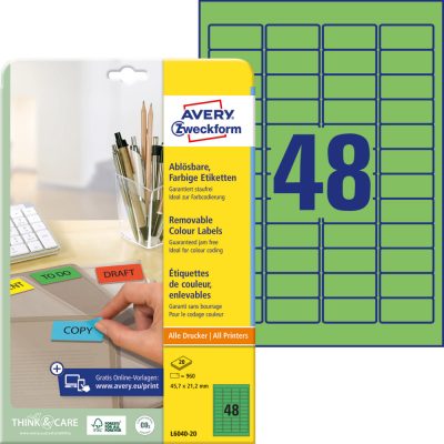 Avery Zweckform No. L6040-20 zöld színű 45,7 x 21,2 mm méretű, univerzálisan nyomtatható, öntapadós etikett címke, visszaszedhető ragasztóval A4-es íven - kiszerelés: 960 címke / 20 ív