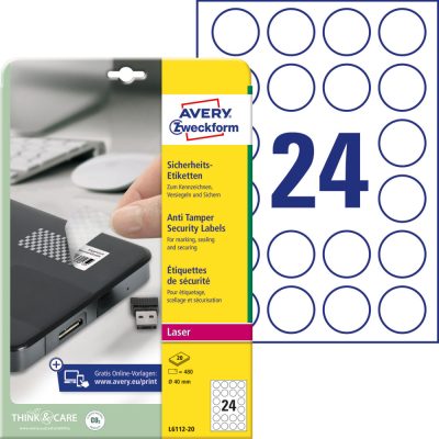 Avery Zweckform No. L6112-20 fehér színű 40 mm átmérőjű, lézernyomtatóval nyomtatható, öntapadós biztonsági etikett címke, speciális ragasztóval A4-es íven - kiszerelés: 480 címke / 20 ív