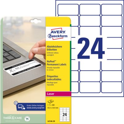 Avery Zweckform No. L6146-20 fehér színű 63,5 x 33,9 mm méretű, lézernyomtatóval nyomtatható, öntapadós eltávolíthatatlan etikett címke, biztonsági ragasztóval A4-es íven - kiszerelés: 480 címke / 20 ív