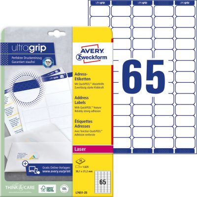 Avery Zweckform No. L7651-25 fehér színű 38,1 x 21,2 mm méretű, lézernyomtatóval nyomtatható, öntapadós etikett címke, permanens ragasztóval A4-es íven - kiszerelés: 1625 címke / 25 ív