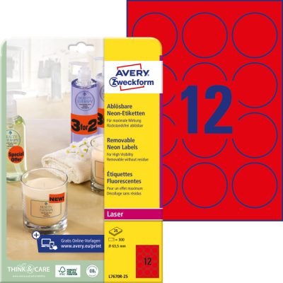 Avery Zweckform No. L7670R-25 lézeres 63,5 mm átmérőjű, neon piros, kör alakú visszaszedhető öntapadó termékcímke A4-es íven - 300 címke / csomag - 25 ív / csomag (Avery L7670R-25)