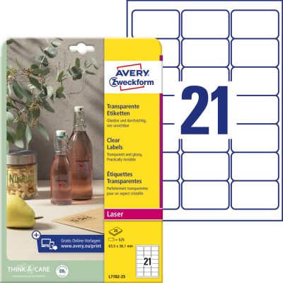 Avery Zweckform No. L7782-25 víztiszta átlátszó 63,5 x 38,1 mm méretű, lézernyomtatóval nyomtatható, öntapadós etikett címke, permanens ragasztóval A4-es íven - kiszerelés: 525 címke / 25 ív