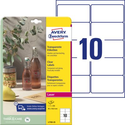 Avery Zweckform No. L7783-25 víztiszta átlátszó 96 x 50,8 mm méretű, lézernyomtatóval nyomtatható, öntapadós etikett címke, permanens ragasztóval A4-es íven - kiszerelés: 250 címke / 25 ív