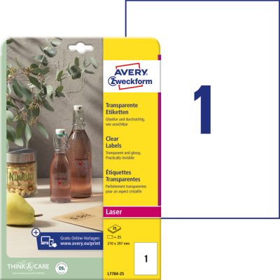 Avery Zweckform No. L7784-25 víztiszta átlátszó 210 x 297 mm méretű, lézernyomtatóval nyomtatható, öntapadós etikett címke, permanens ragasztóval A4-es íven - kiszerelés: 25 címke / 25 ív