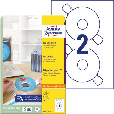 Avery Zweckform No. L6015-25 univerzális 117 mm átmérőjű, fehér öntapadó CD címke A4-es íven + központosító eszköz - 50 címke / csomag - 25 ív / csomag (Avery L6015-25)