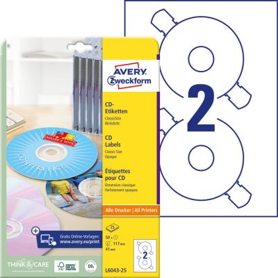 Avery Zweckform No. L6043-25 univerzális 117 mm átmérőjű, fehér öntapadó CD címke A4-es íven - 50 címke / csomag - 25 ív / csomag (Avery L6043-25)