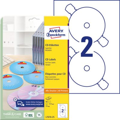 Avery Zweckform No. L7676-25 univerzális 117 mm átmérőjű, fehér öntapadó CD címke A4-es íven - 50 címke / csomag - 25 ív / csomag (Avery L7676-25)