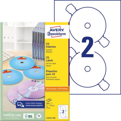 Avery Zweckform No. L7676-100 univerzális 117 mm átmérőjű, fehér öntapadó CD címke A4-es íven - 200 címke / doboz - 100 ív / doboz (Avery L7676-100)